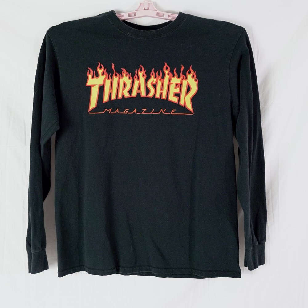 Thrasher Magazine Long Sleeve T-Shirt Mens M Black Flaming Graphic Logo